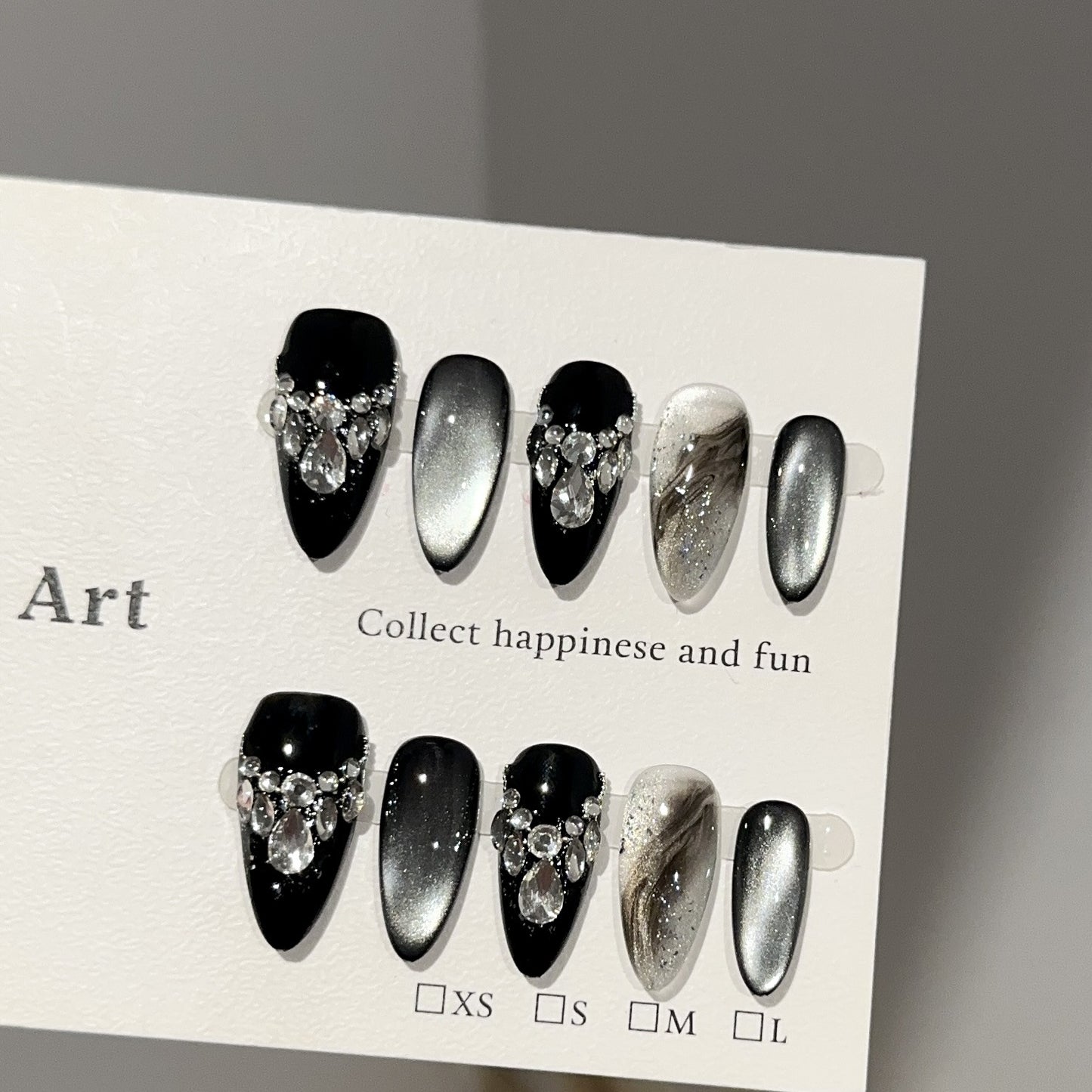 Velvet Black Silver Crystal Marble Press On Nails