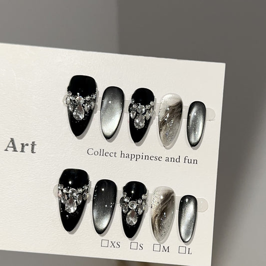 Velvet Black Silver Crystal Marble Press On Nails