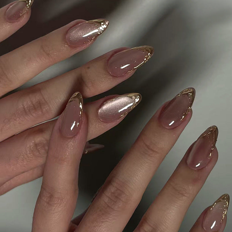 Nude Chrome Gold Edge Cat Eye Press On Nails