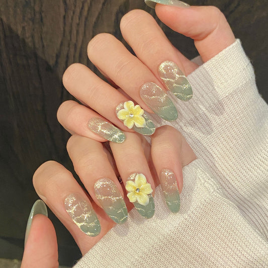 Velvet Sage Green Glitter Floral Press On Nails