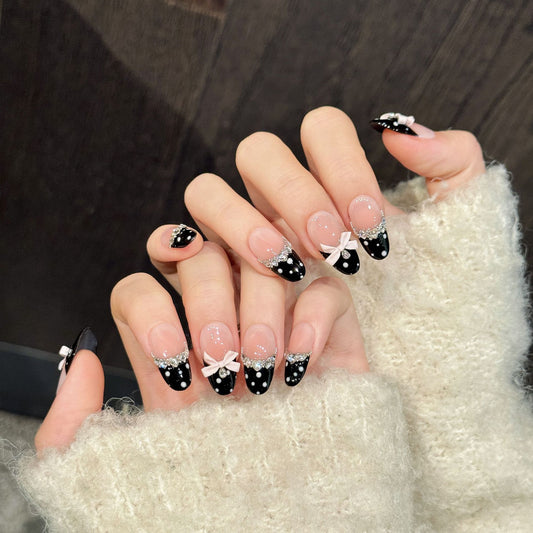Nude Pink Polka Dot French Bow Press On Nails