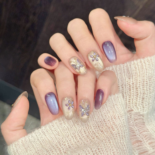 Velvet Lilac Purple Flower Cat Eye Press On Nails