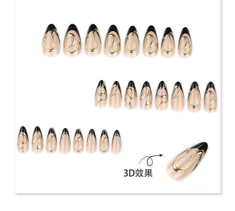 Velvet Nude Black Gold Swirl Press On Nails