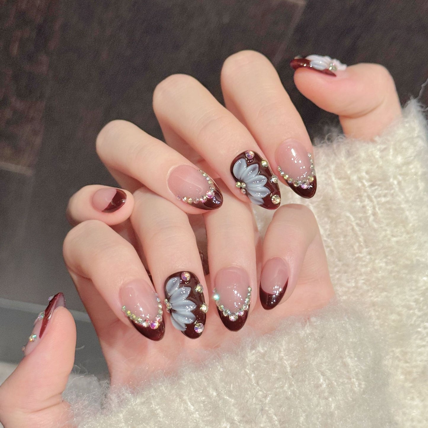 Burgundy French Floral Crystal Press On Nails