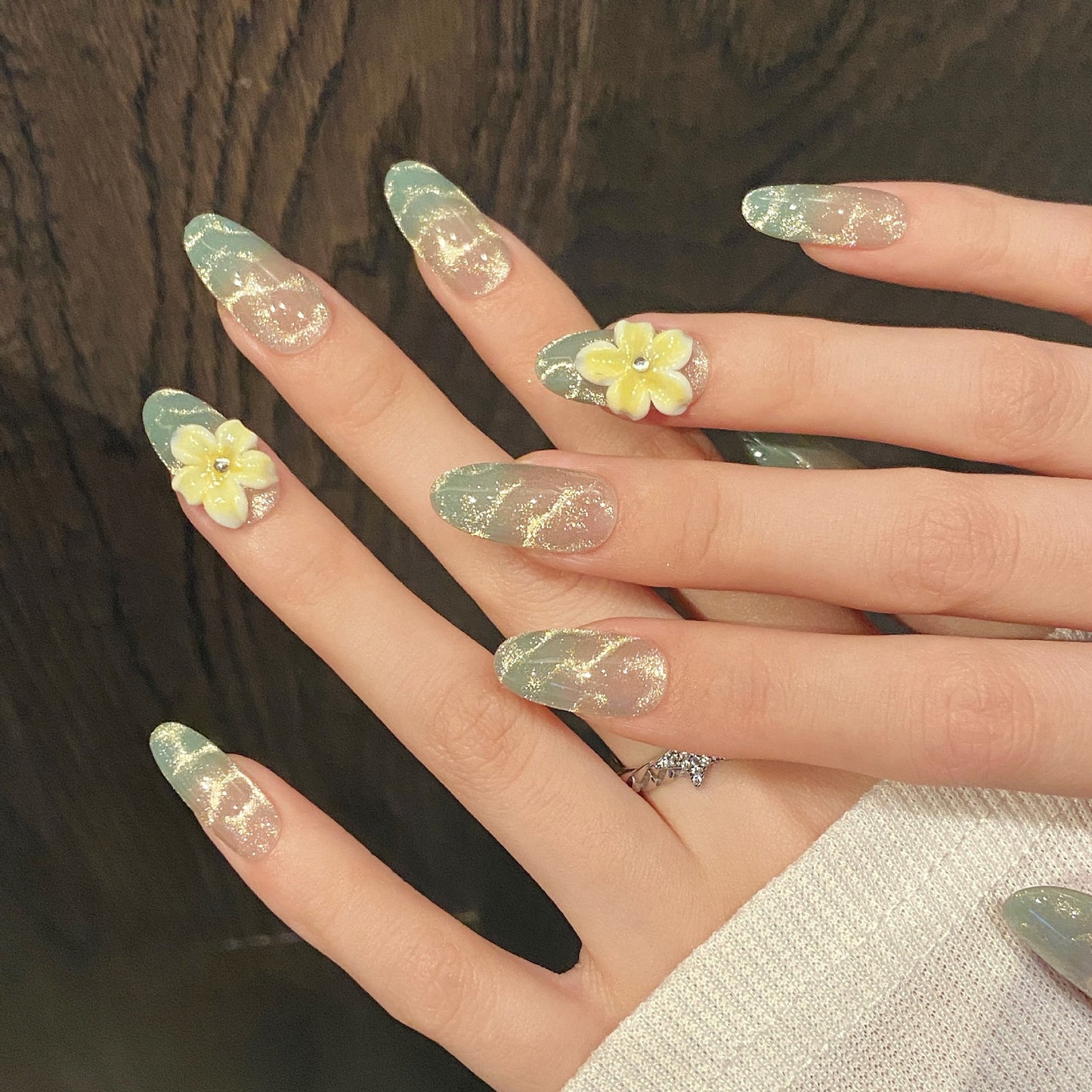 Velvet Sage Green Glitter Floral Press On Nails