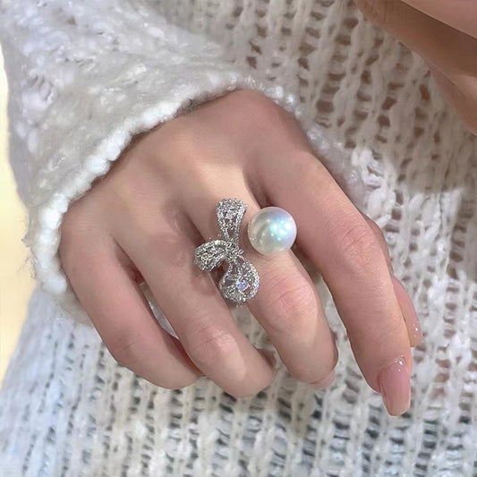 Pearl Bow Zirconia Open Ring