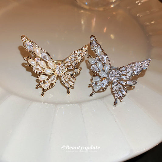 Gold-plated zircon butterfly pearl open ring