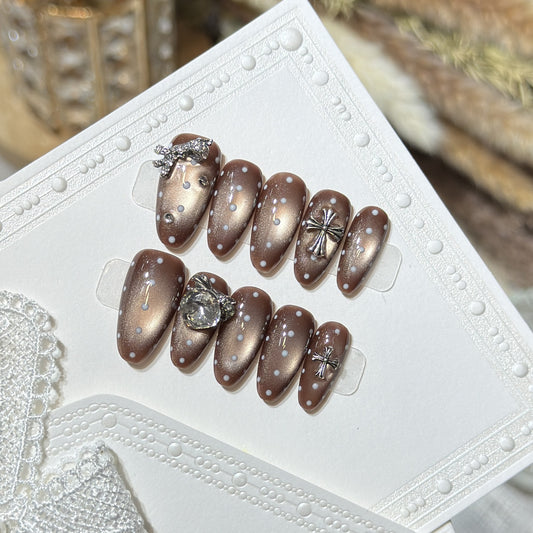 Mocha Polka Silver Charm Press On Nails