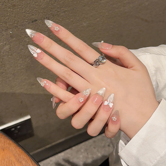 Nude White French Crystal Bow Press On Nails