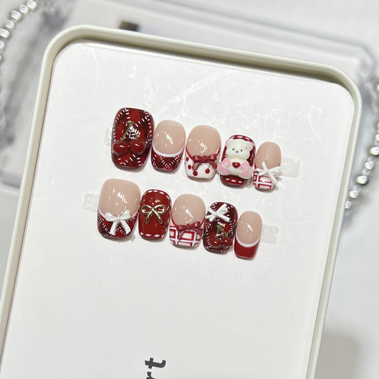 Cherry Teddy Gift Bow Press On Nails