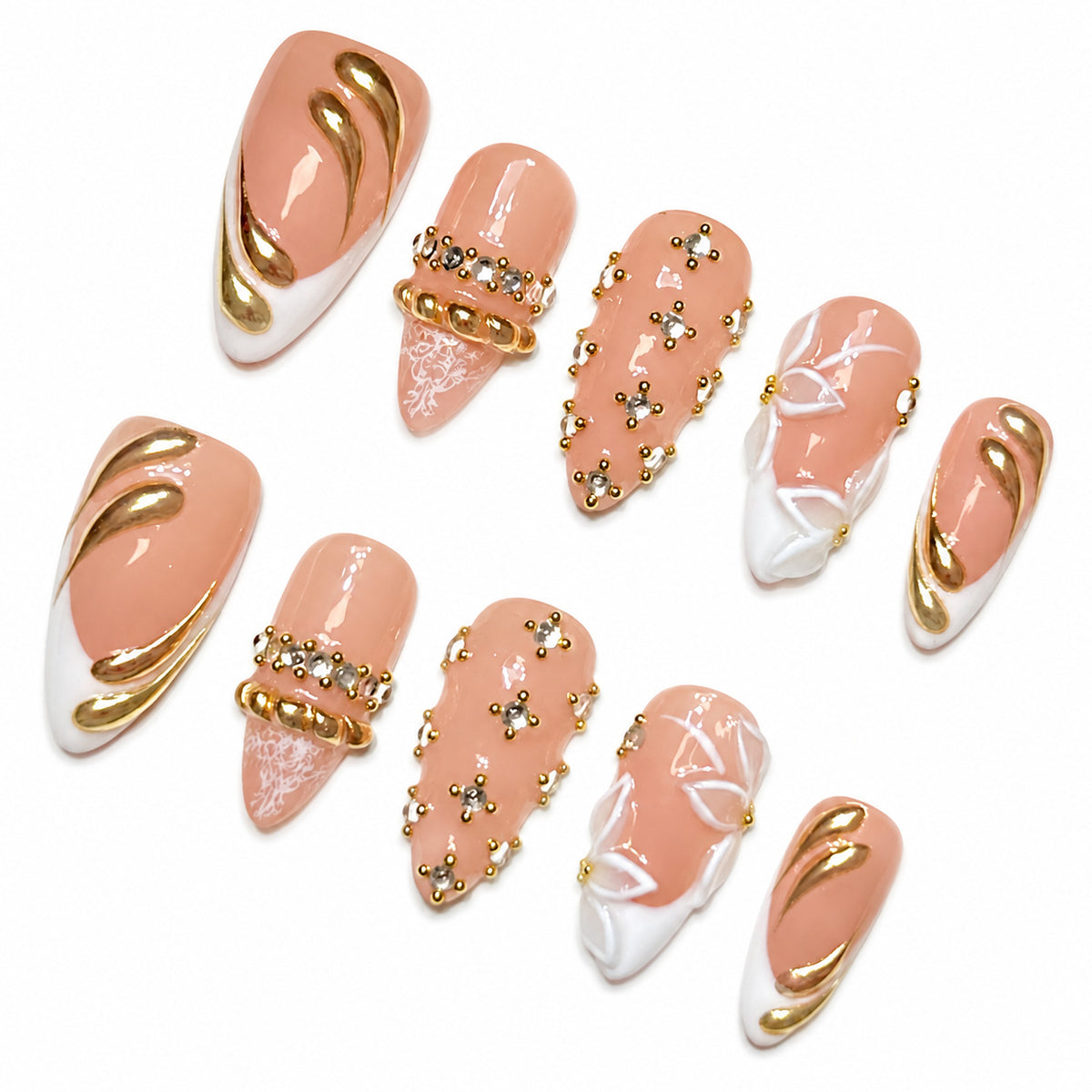 Golden Nude Orchid Crystal Press On Nails
