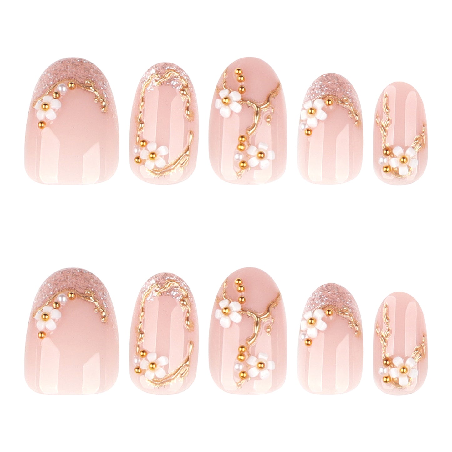 Velvet Blush Gold Floral Pearl Press On Nails