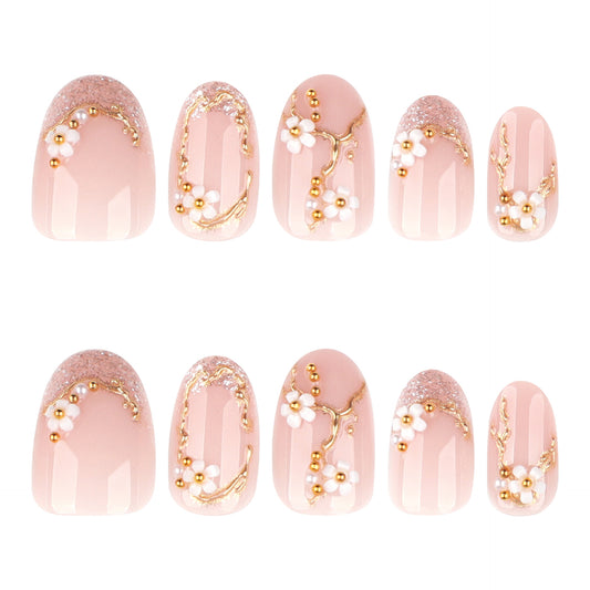 Velvet Blush Gold Floral Pearl Press On Nails