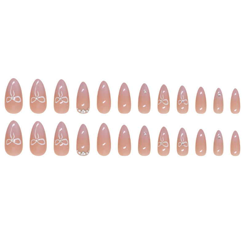 Nude Pink Bow Crystal Press On Nails Almond