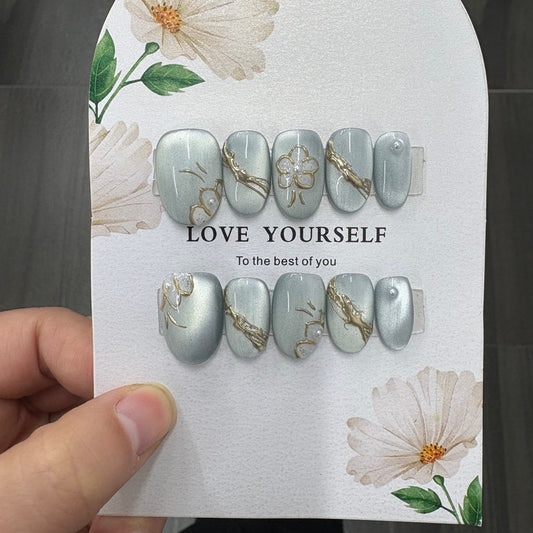 Velvet Sage Green Gold Leaf Pearl Press On Nails