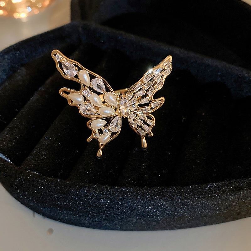 Gold-plated zircon butterfly pearl open ring