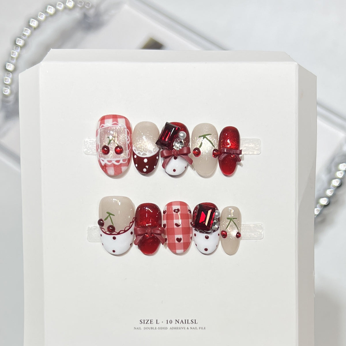 Cherry Gingham Bow Press On Nails