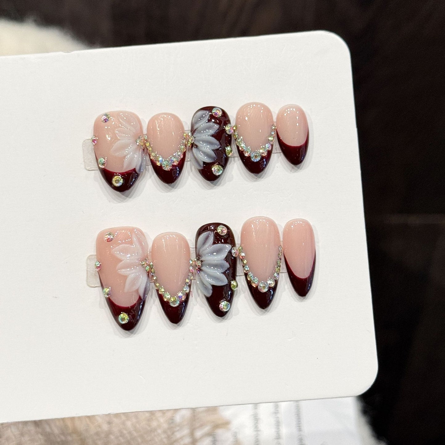 Burgundy French Floral Crystal Press On Nails