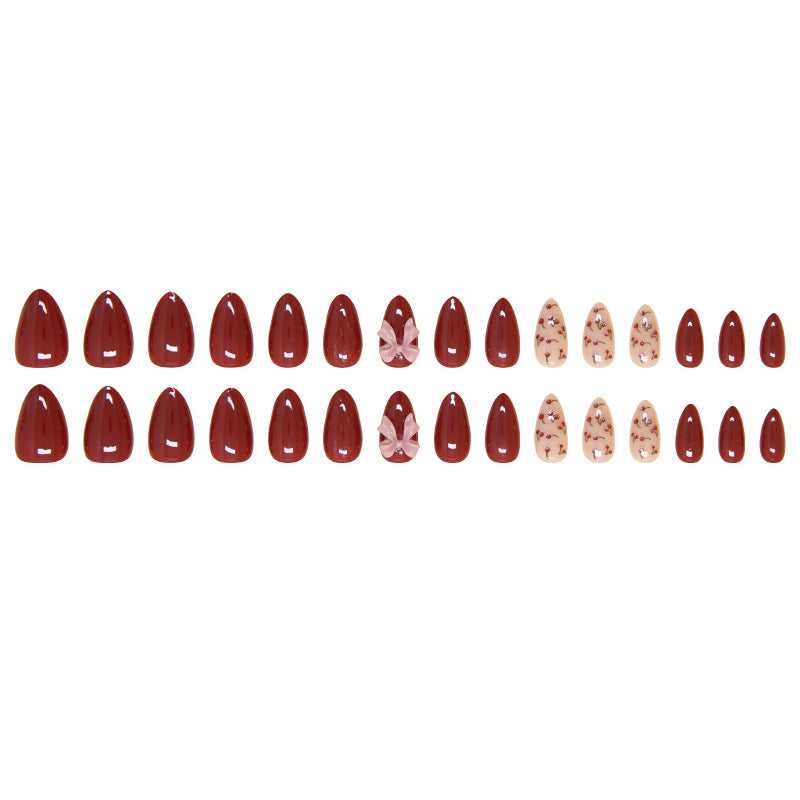 Burgundy Cherry Bow Press On Nails