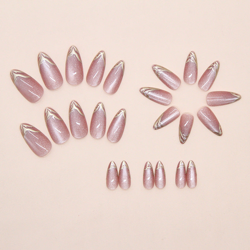 Nude Chrome Gold Edge Cat Eye Press On Nails