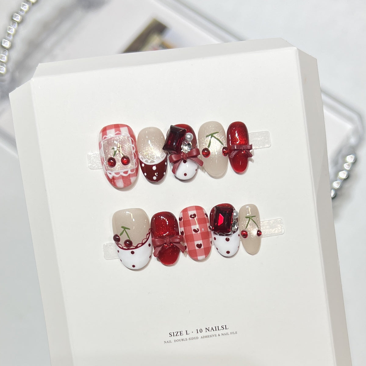 Cherry Gingham Bow Press On Nails