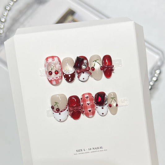 Cherry Gingham Bow Press On Nails