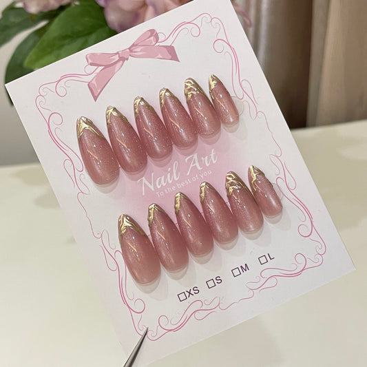Nude Chrome Gold Edge Cat Eye Press On Nails