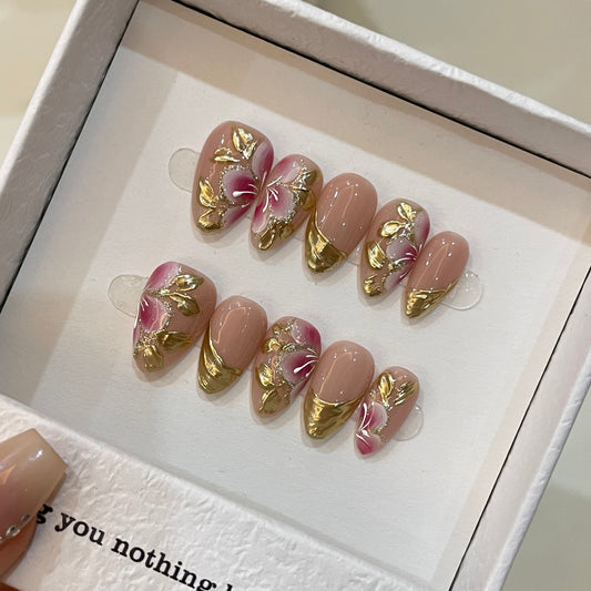 Nude Pink Whisper Gold Press On Nails