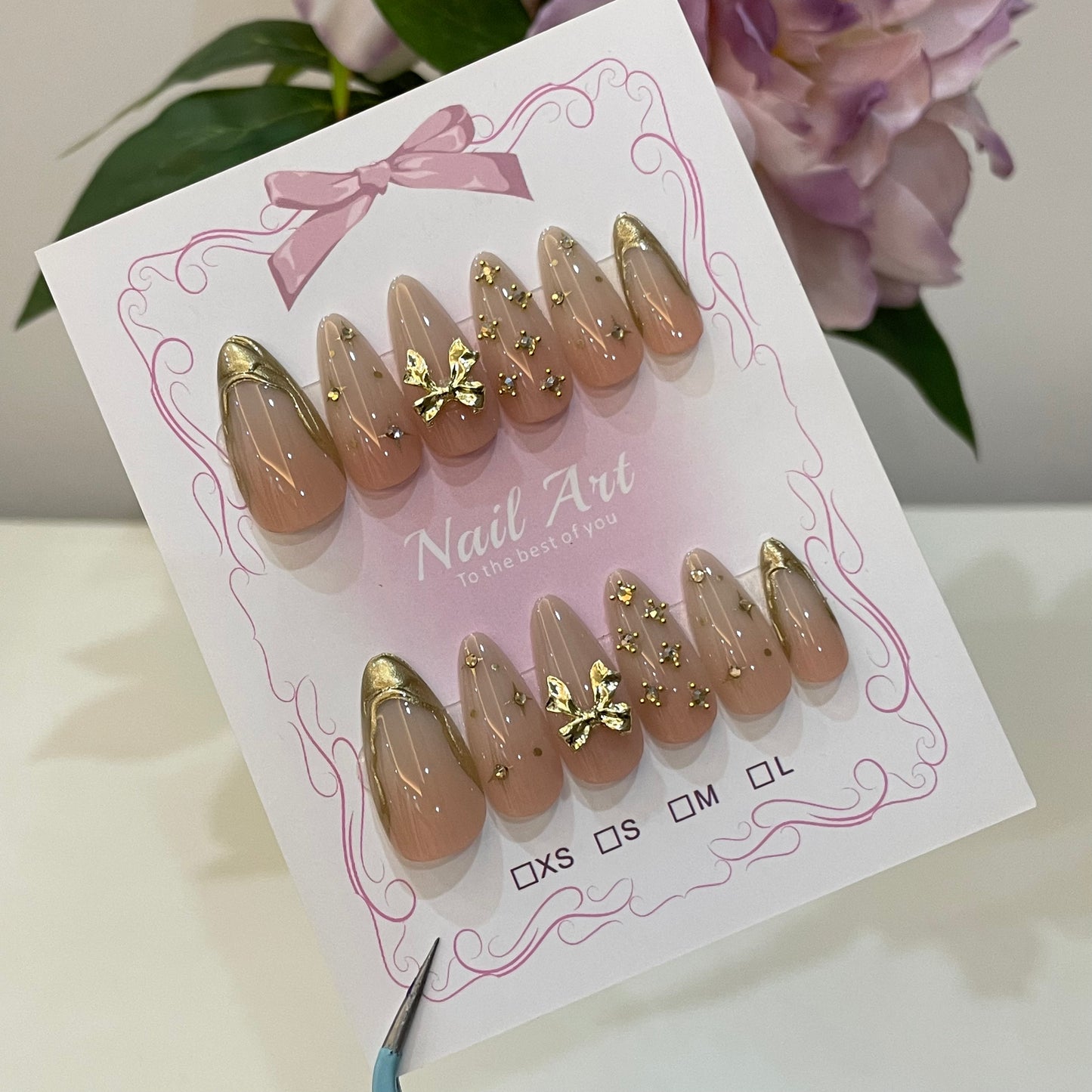 Velvet Peach Gold Luxe Bow Press On Nails