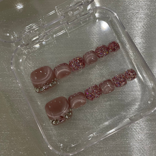 Velvet Pink Crystal Glitter Square Press On Nails
