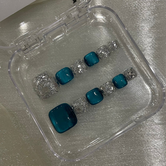 Ocean Blue Silver Crystal Toe Nails Press On Toenails
