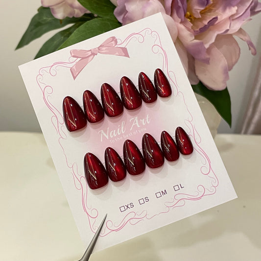 Burgundy Cat Eye Press On Nails Almond