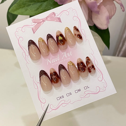Brown Floral Press On Nails Almond