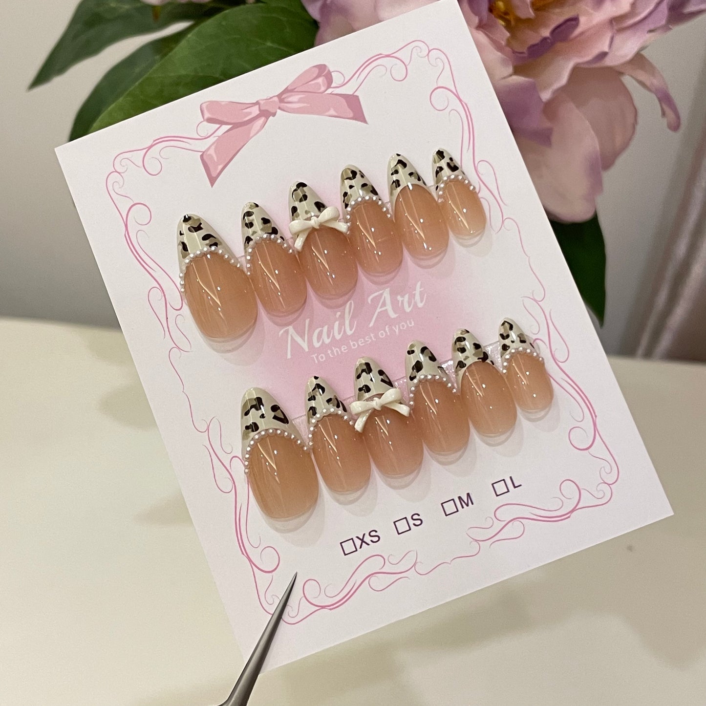 Leopard Bow Press On Nails Almond