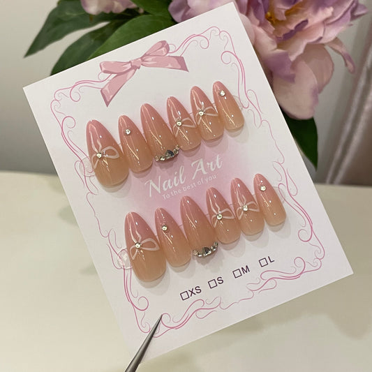 Nude Pink Bow Crystal Press On Nails Almond