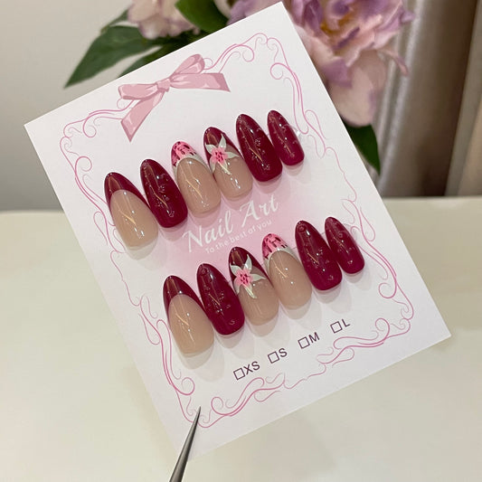 Nude Burgundy French Flower Press On Nails