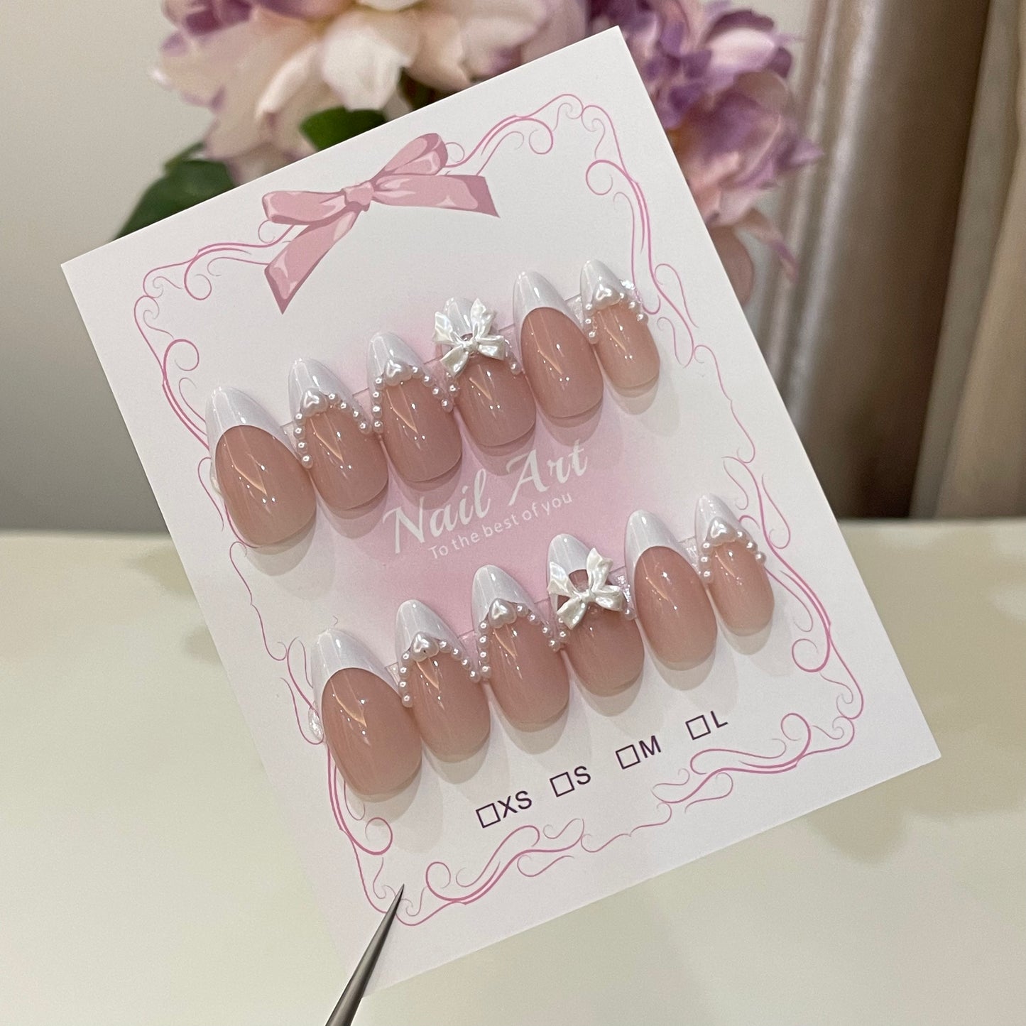 Nude Pearl Bow French Press On Nails Almond