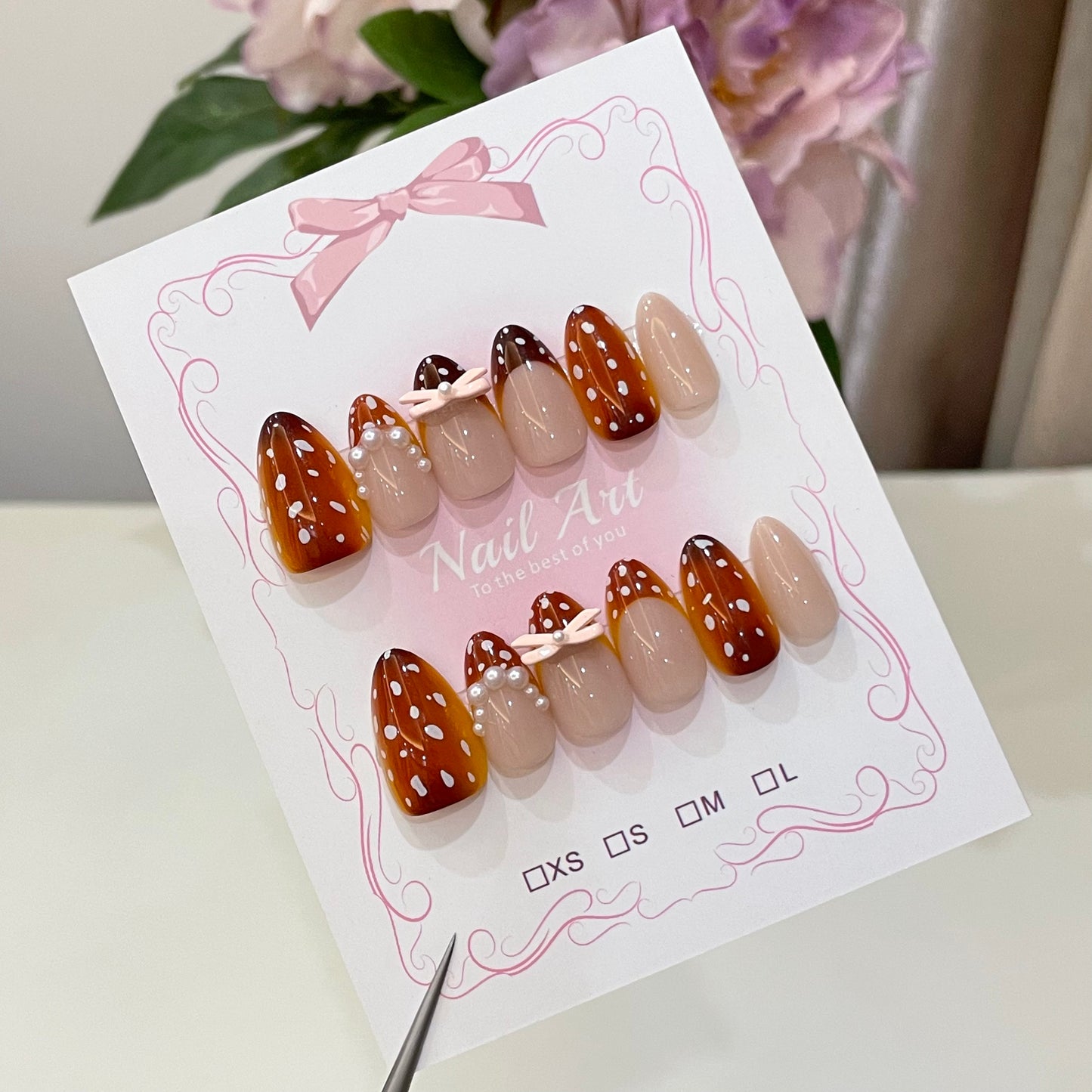 Chocolate Polka Dot Bow Press On Nails