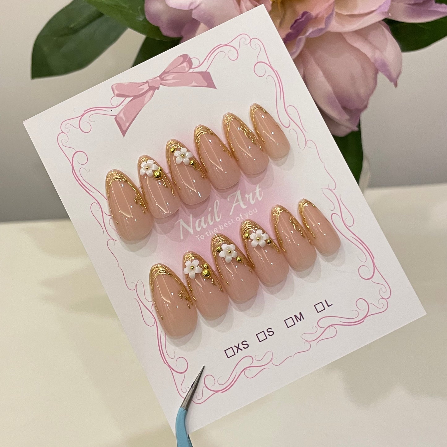 Nude Gold Flower Press On Nails