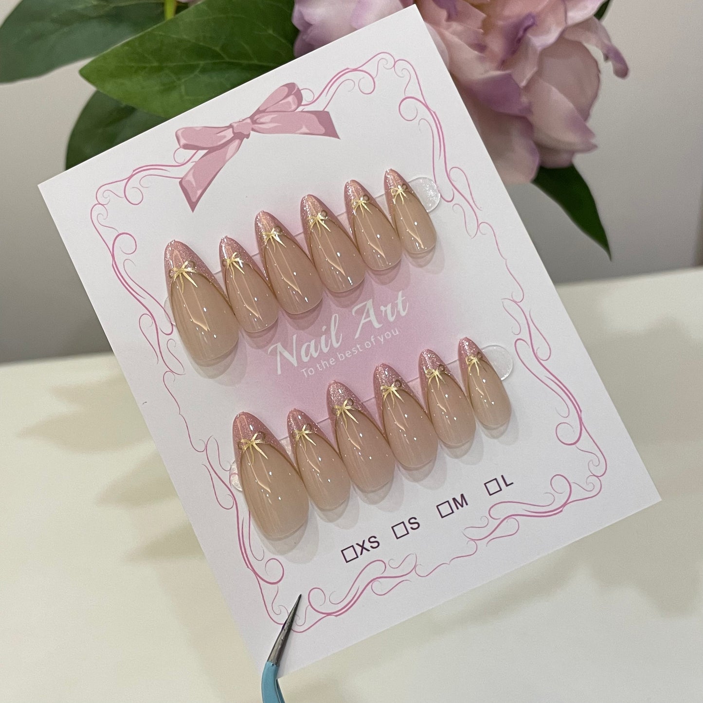 Velvet Blush Gold Bow Glitter Press On Nails