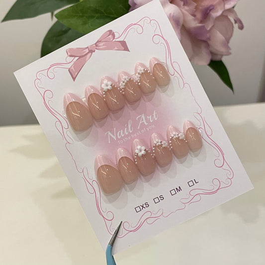 Blush Pink Pearl Flower French Press On Nails