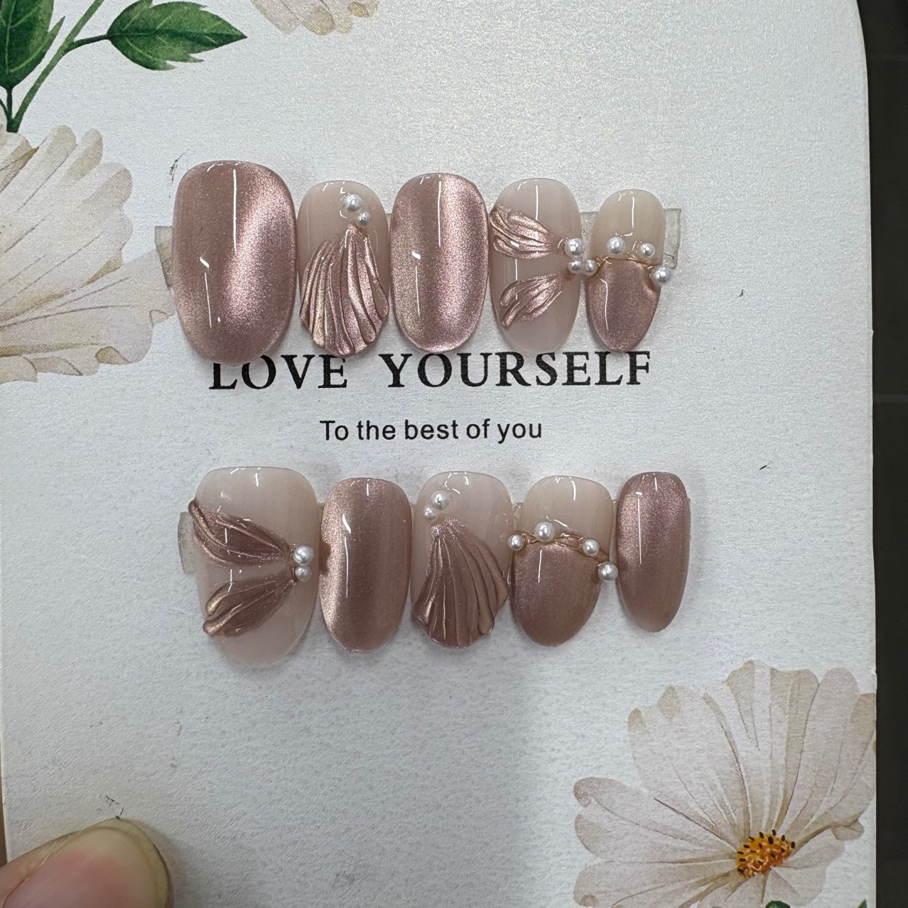 Velvet Nude Rose Gold Shell Pearl Press On Nails