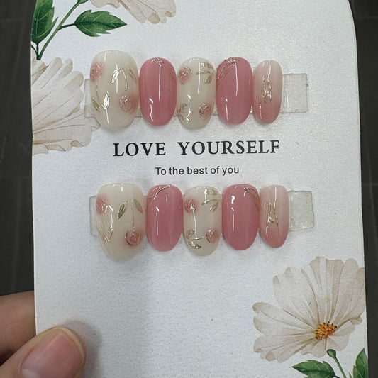 Velvet Blush Gold Rose Leaf Press On Nails