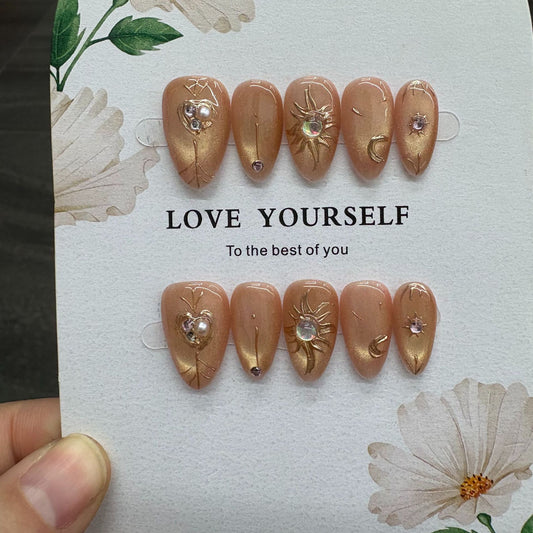 Velvet Peach Gold Celestial Press On Nails
