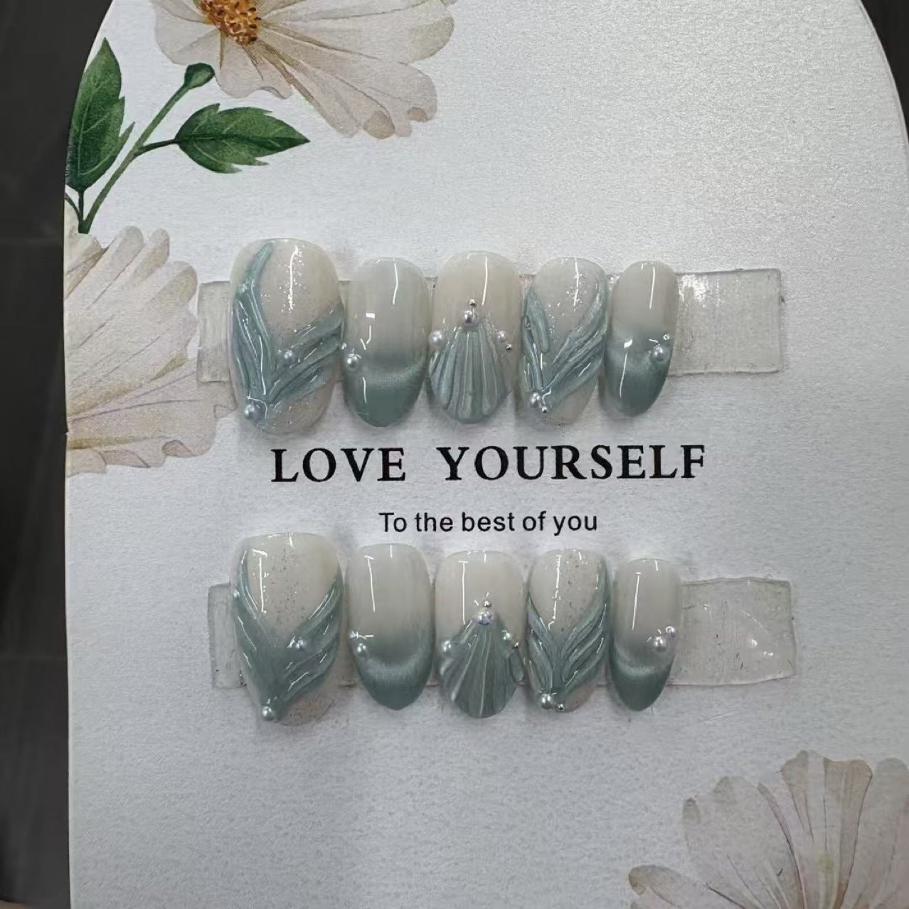 Velvet Nude Sage Green Leaf Pearl Press On Nails