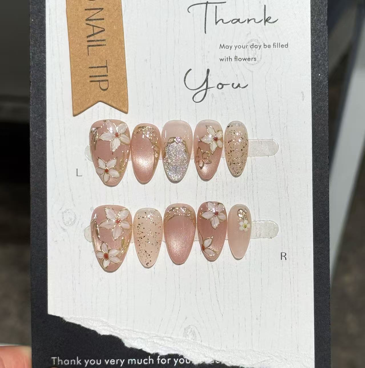 Velvet Peach Blossom Gold Flower Press On Nails
