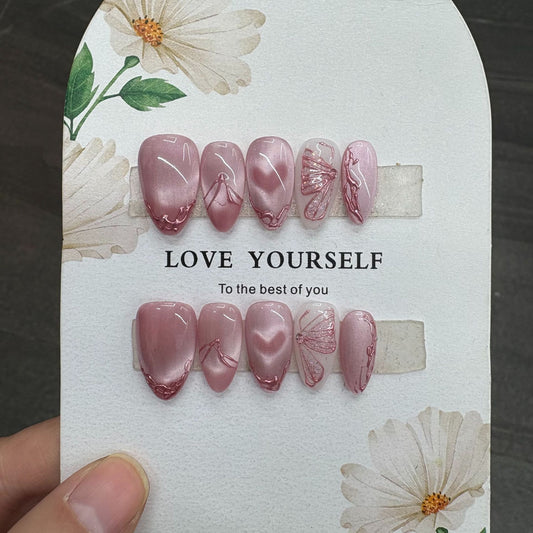 Velvet Pink Metallic Butterfly Press On Nails