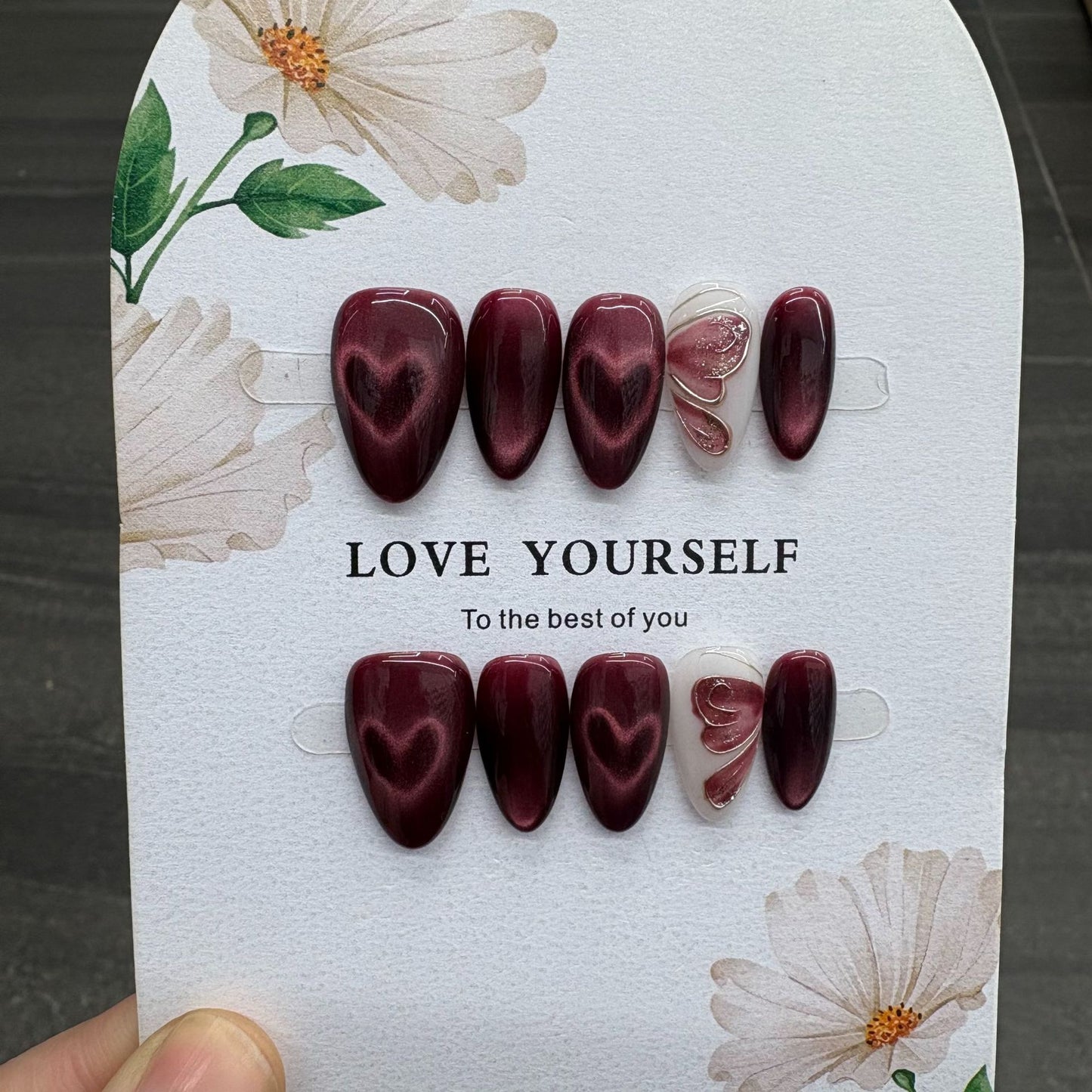 Velvet Burgundy Heart Cat Eye Press On Nails