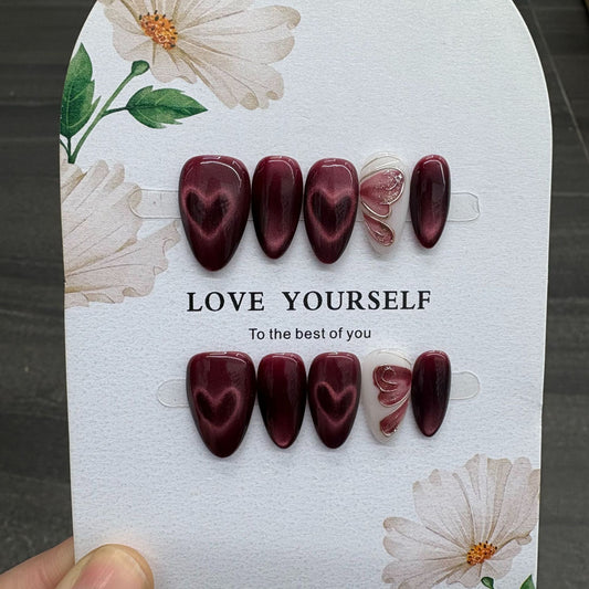 Velvet Burgundy Heart Cat Eye Press On Nails