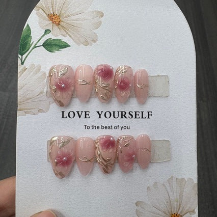 Velvet Pink Rose Gold Floral Press On Nails